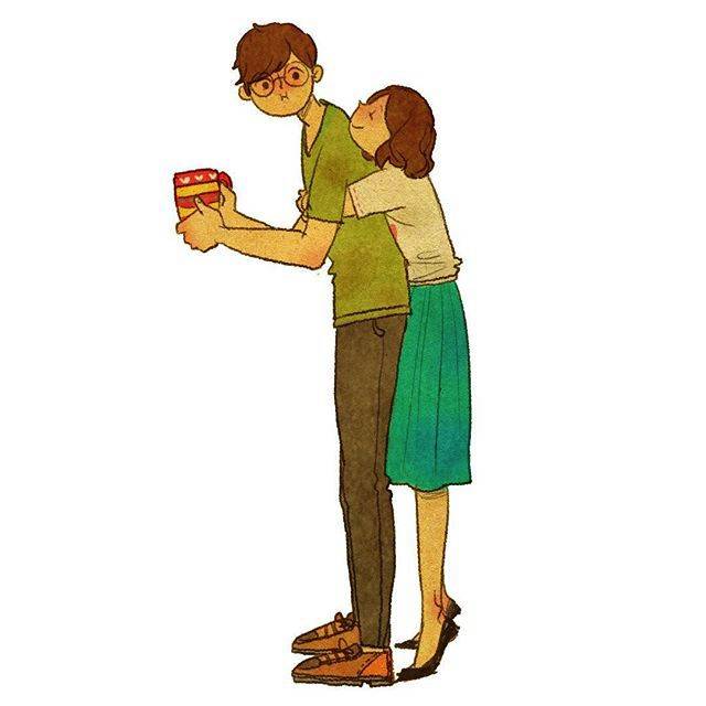 温馨甜蜜又幸福的情侣唯美插画图片