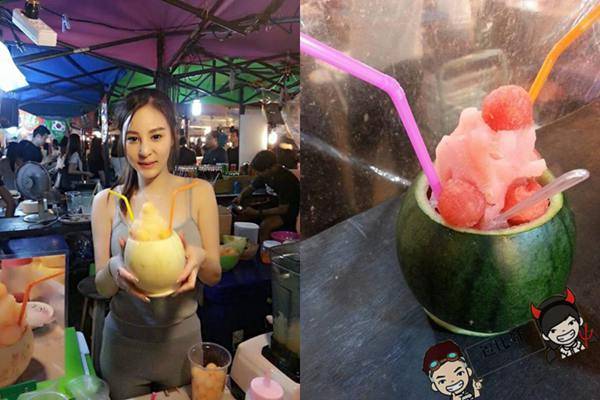 泰国夜市出现「水果西施」~颜值高到都忘记是在买水果了！
