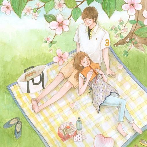 甜美又暖心的恩爱情侣日韩系唯美插画