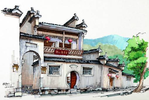 国人画师卢国新的马克笔建筑绘画写生作品