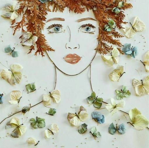 花和叶子拼贴创作的女性人物肖像绘画