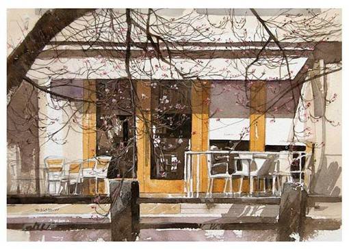 水彩画家渡部政人的日本城市街头风光水彩画