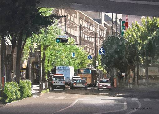 水彩画家渡部政人的日本城市街头风光水彩画