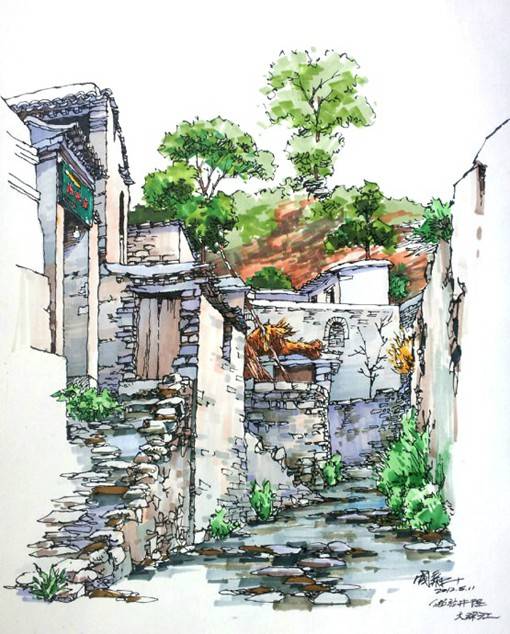 国人画师卢国新的马克笔建筑绘画写生作品