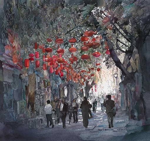 插画师John Salminen的中国街头风光水彩画图片