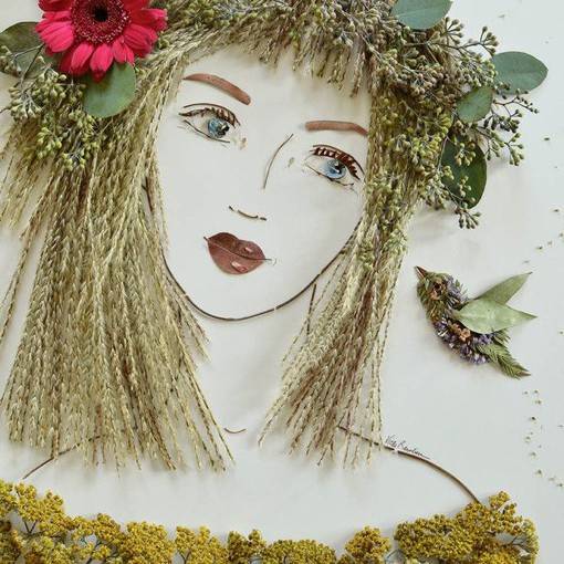 花和叶子拼贴创作的女性人物肖像绘画