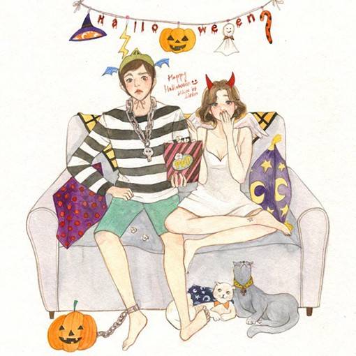 甜美又暖心的恩爱情侣日韩系唯美插画