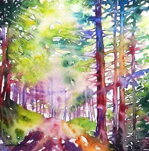 插画师Cristina Dalla Valentin色彩斑斓的树林水彩画