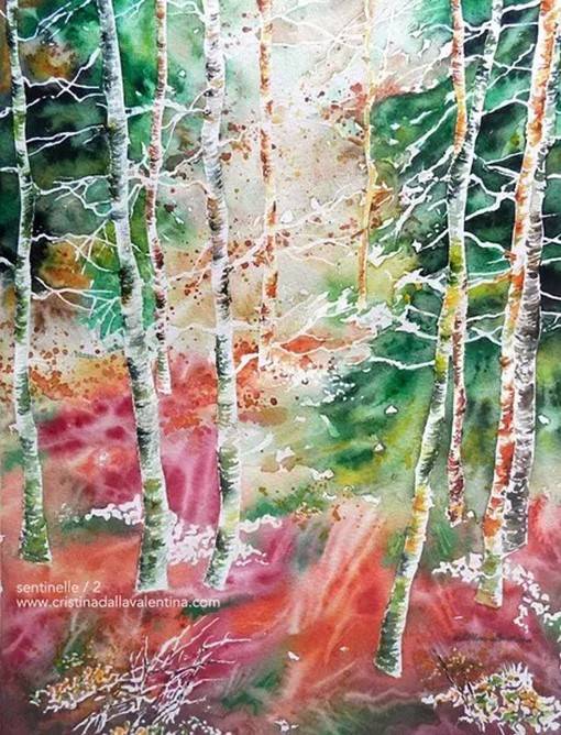 插画师Cristina Dalla Valentin色彩斑斓的树林水彩画