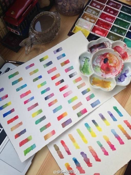 水彩颜料水分控制表以及水彩颜色设计搭配素材