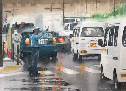 水彩画家渡部政人的日本城市街头风光水彩画