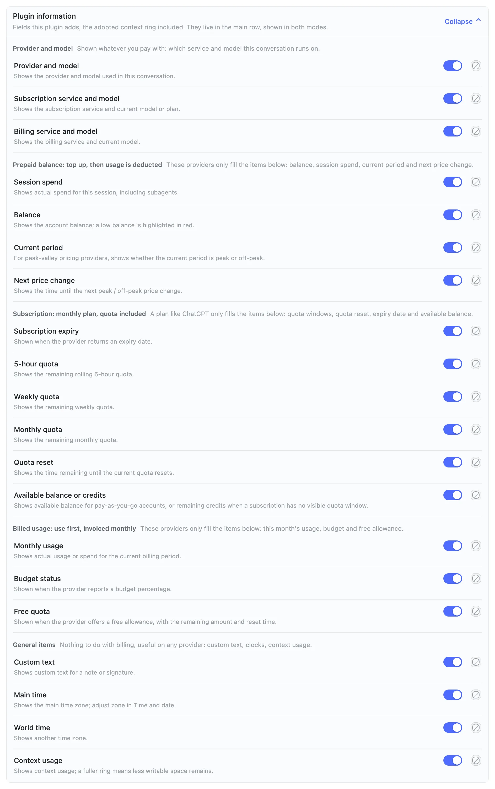Plugin information grouped by billing mode