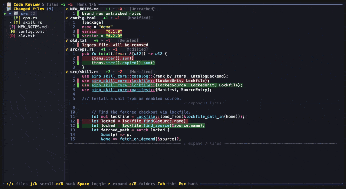 Warp-style Code Review diff — file sidebar, per-file collapsible blocks, Dracula syntax highlighting, word-level emphasis, gutter with green/red change bars