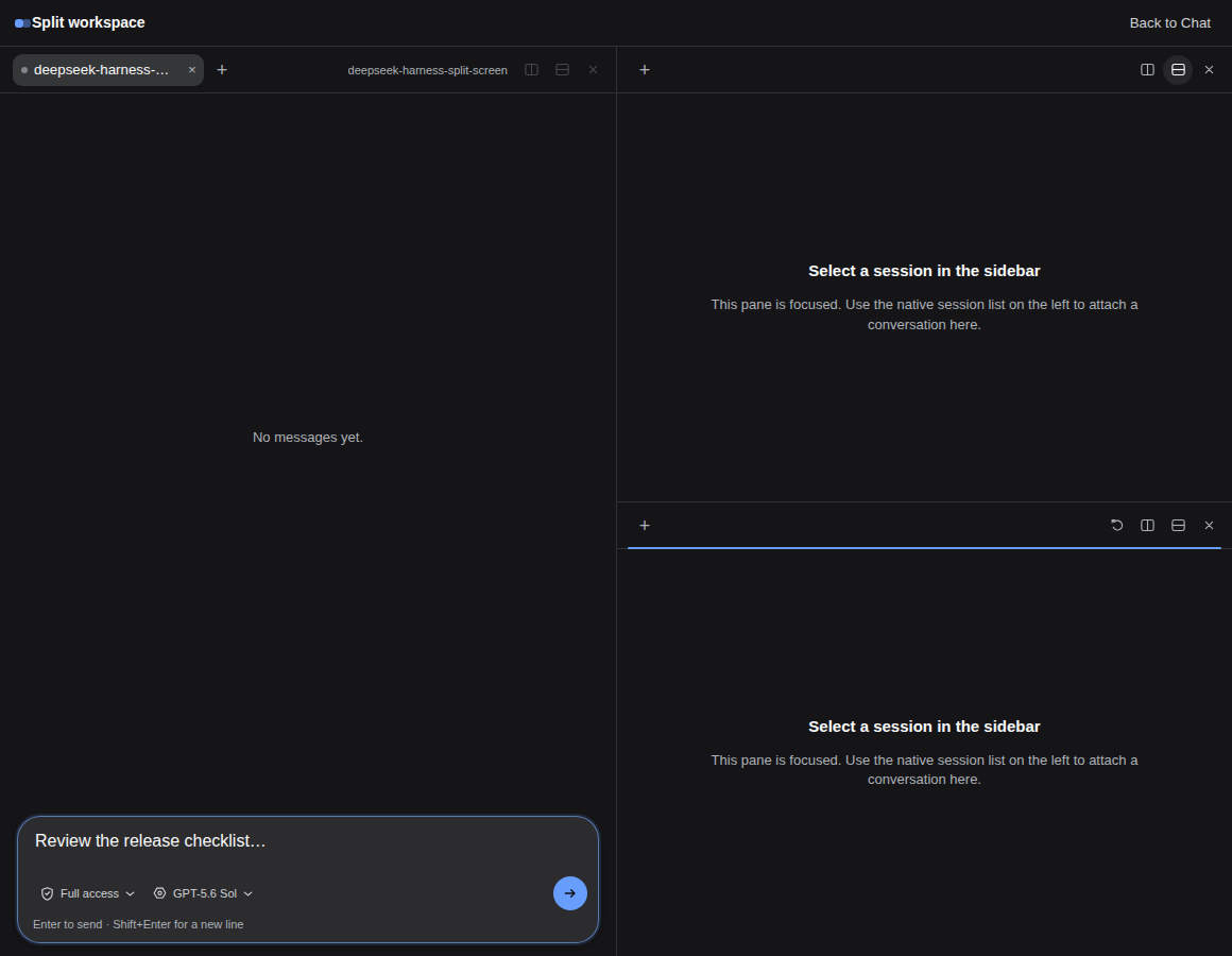 Dark-theme DeepSeek Harness Split workspace with nested vertical and horizontal panes