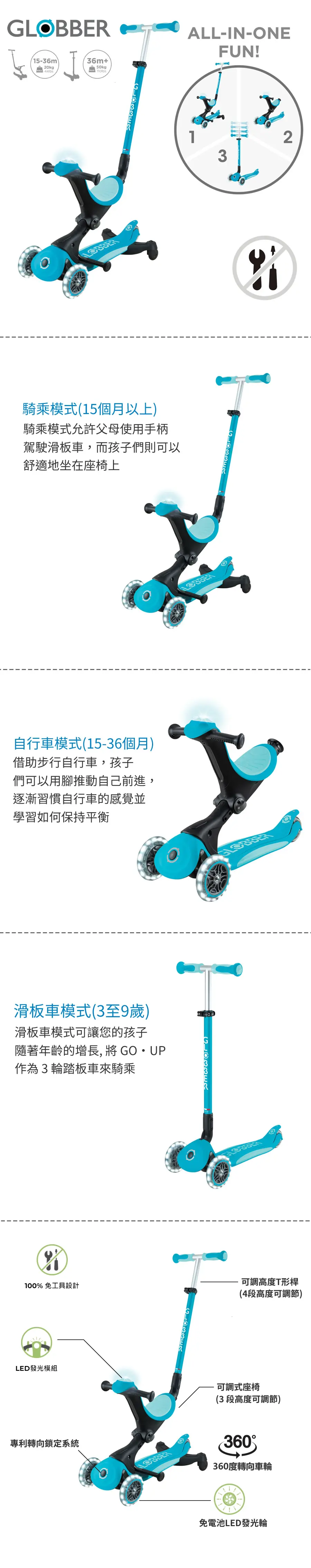 Globber Go Up Deluxe Lights 360° 三合一儿童滑板车