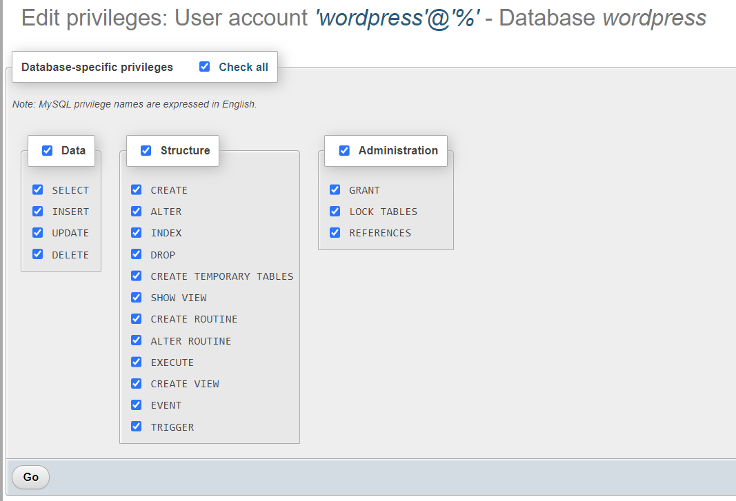 设置 wordpress 数据库管理员的 wordpress 数据库权限