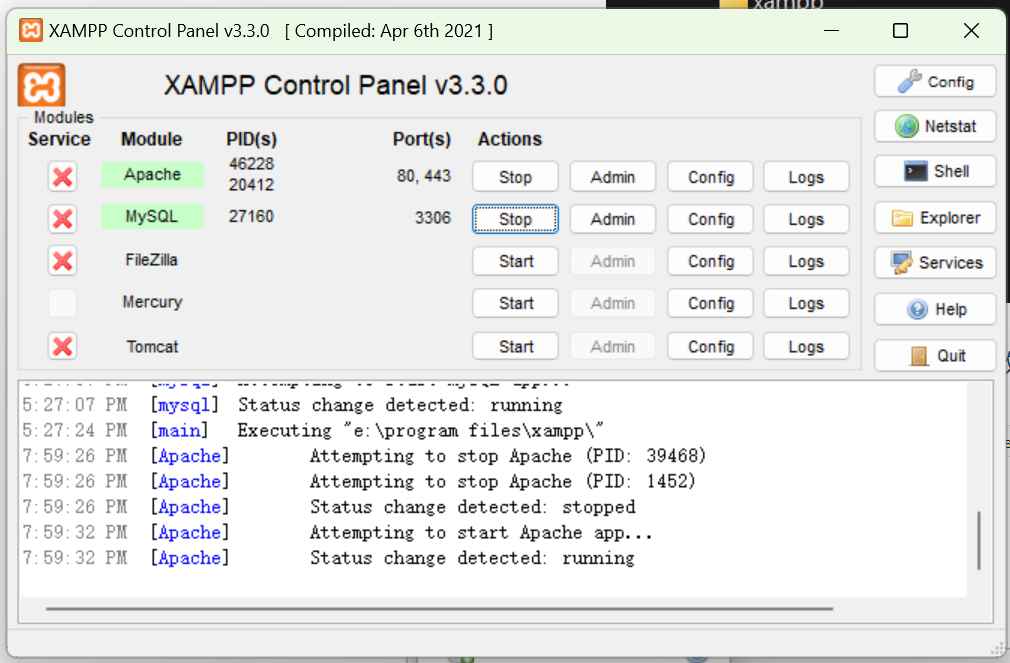 启动 XAMPP 的 Apache 和 MySQL
