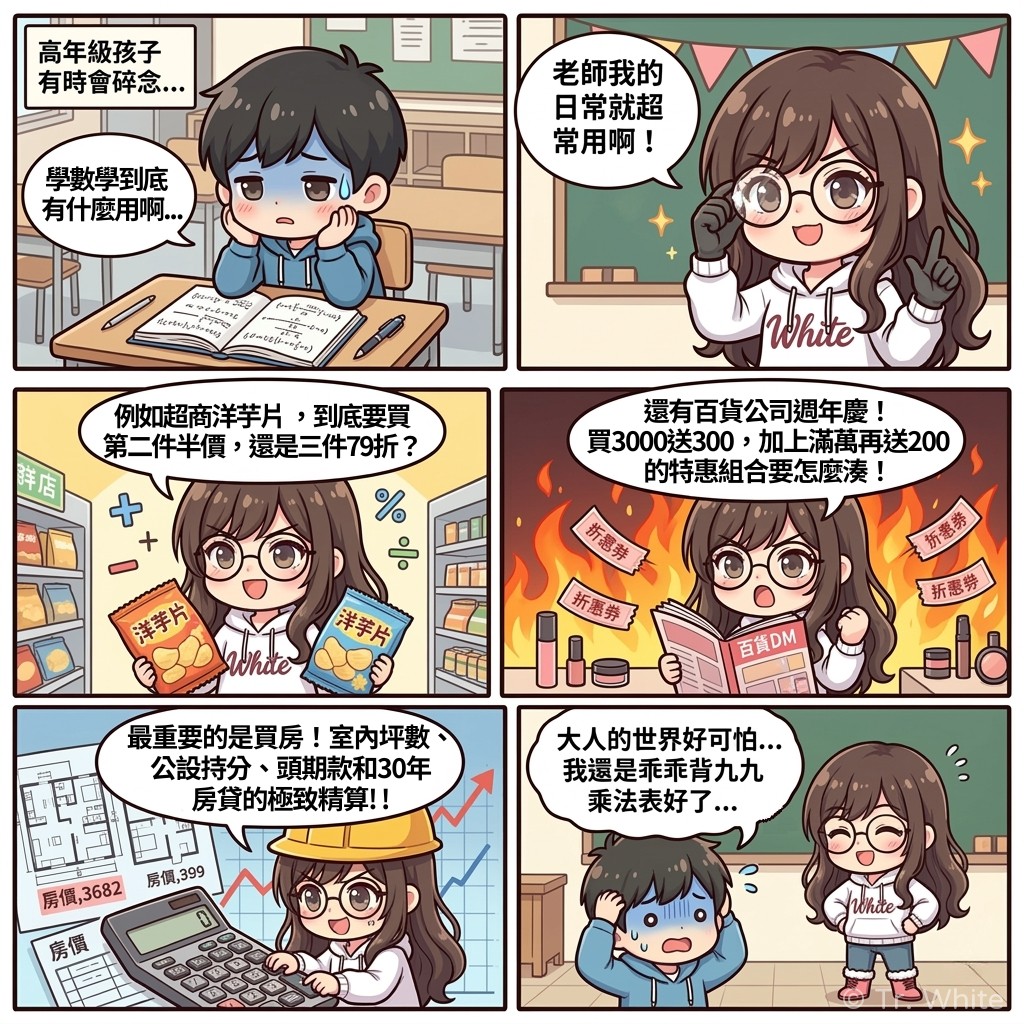 國小老師 Tr. White 的校園四格漫畫：關於學數學用途的故事。第一格：男學生對著數學作業抱怨學數學有什麼用。第二格：老師自信表示自己日常超常用到。第三格：老師在超商計算洋芋片折扣。第四格：老師燃燒鬥志計算百貨公司週年慶優惠。第五格：老師戴工程帽按計算機精算買房房貸。第六格：學生嚇到發抖，決定還是乖乖背九九乘法表。