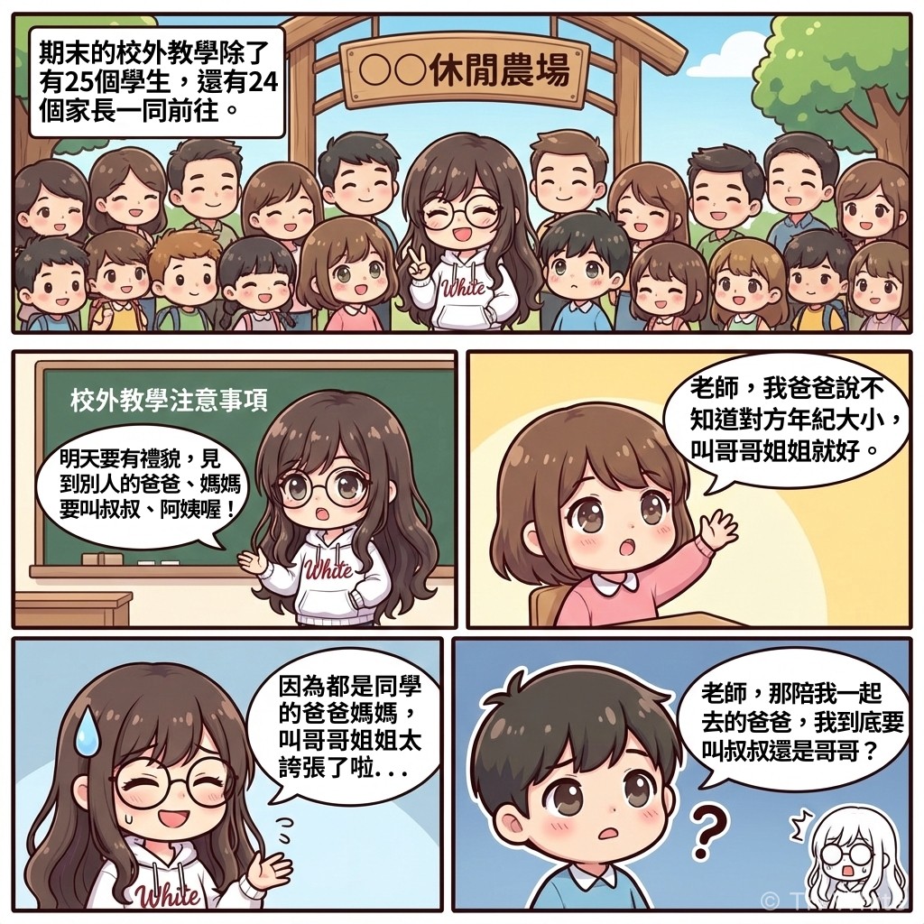 國小老師 Tr. White 的校園四格漫畫：關於校外教學稱呼家長的故事。第一格：老師與25個學生和24個家長的大合照。第二格：老師在黑板前叮嚀學生，見到同學的爸媽要叫叔叔阿姨。第三格：一位女同學舉手表示，爸爸教她不知道年紀就叫哥哥姐姐。第四格：老師冒冷汗解釋，叫同學爸媽哥哥姐姐太誇張。第五格：一位男同學疑惑地問，那陪自己去的親生爸爸該叫叔叔還是哥哥，一旁的老師聽了十分傻眼。