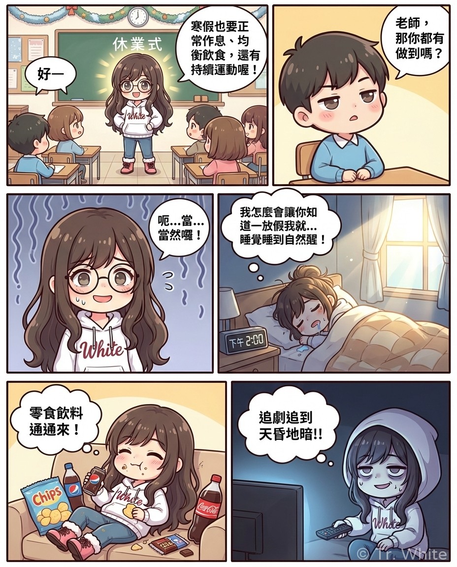 國小老師 Tr. White 的校園四格漫畫:關於寒假生活期望的故事。第一格:Tr. White 在黑板前溫柔叮嚀學生寒假要注意健康與作息。第二格:學生天真地詢問老師是否也有以身作則。第三格:Tr. White 尷尬地笑著點頭。第四格至第六格:畫面轉到老師的假期生活,其實是盡情補眠、吃零食和追劇的放鬆狀態。