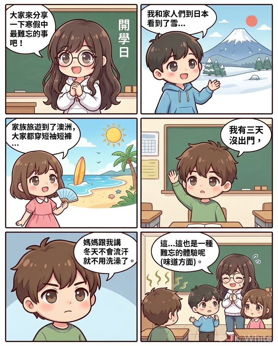 國小老師 Tr. White 的校園四格漫畫:關於孩子純真分享家庭趣事的故事。第一格:老師請大家分享寒假難忘的事。第二格:男同學開心分享去日本看雪。第三格:女同學開心分享去澳洲避寒。第四格:另一位男同學舉手說自己三天沒出門。第五格:男同學認真爆料媽媽說冬天不流汗不用洗澡。第六格:老師苦笑說這也是難忘的體驗(味道方面),旁邊同學有點嚇到。