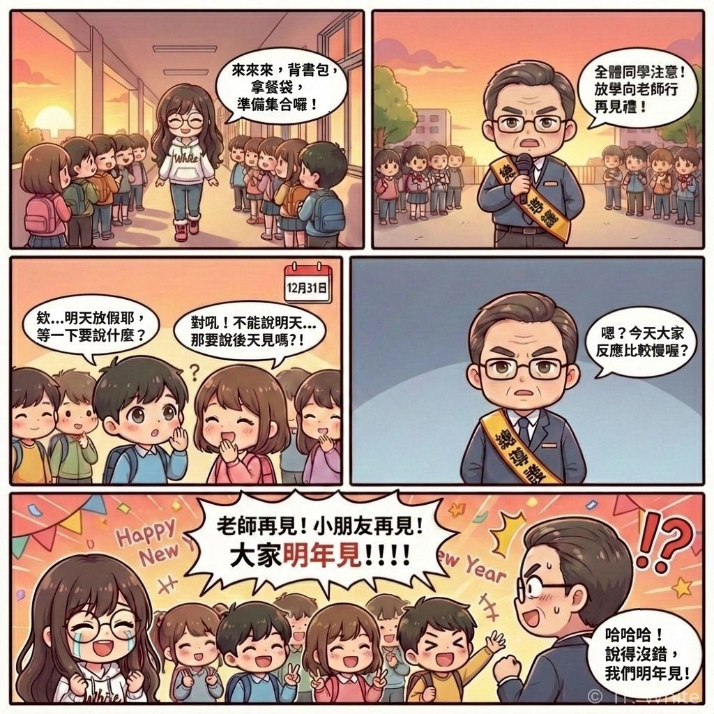國小老師 Tr. White 的校園四格漫畫:關於跨年放學時的趣事。第一格:Tr. White 提醒學生背書包準備放學,夕陽西下。第二格:導護老師宣布全體向老師行再見禮。第三格:學生們看著 12 月 31 日的日曆竊竊私語,討論明天放假該怎麼說再見。第四格:導護老師疑惑大家反應怎麼慢半拍。第五格:全體師生大喊「明年見」,導護老師恍然大悟並大笑。