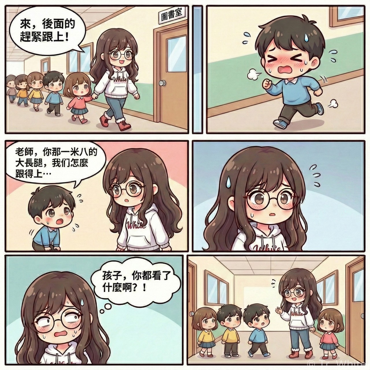 國小老師 Tr. White 的校園四格漫畫:關於學生對老師身高的浮誇誤解。第一格:Tr. White 充滿活力地帶隊,要大家跟上。第二格:男學生滿頭大汗在後面追趕。第三格:學生抱怨老師腿太長有「一米八」,根本跟不上。第四格:Tr. White 滿臉通紅流汗。第五格:Tr. White 心想這孩子到底看了什麼奇怪的東西。第六格:師生在走廊的日常互動。