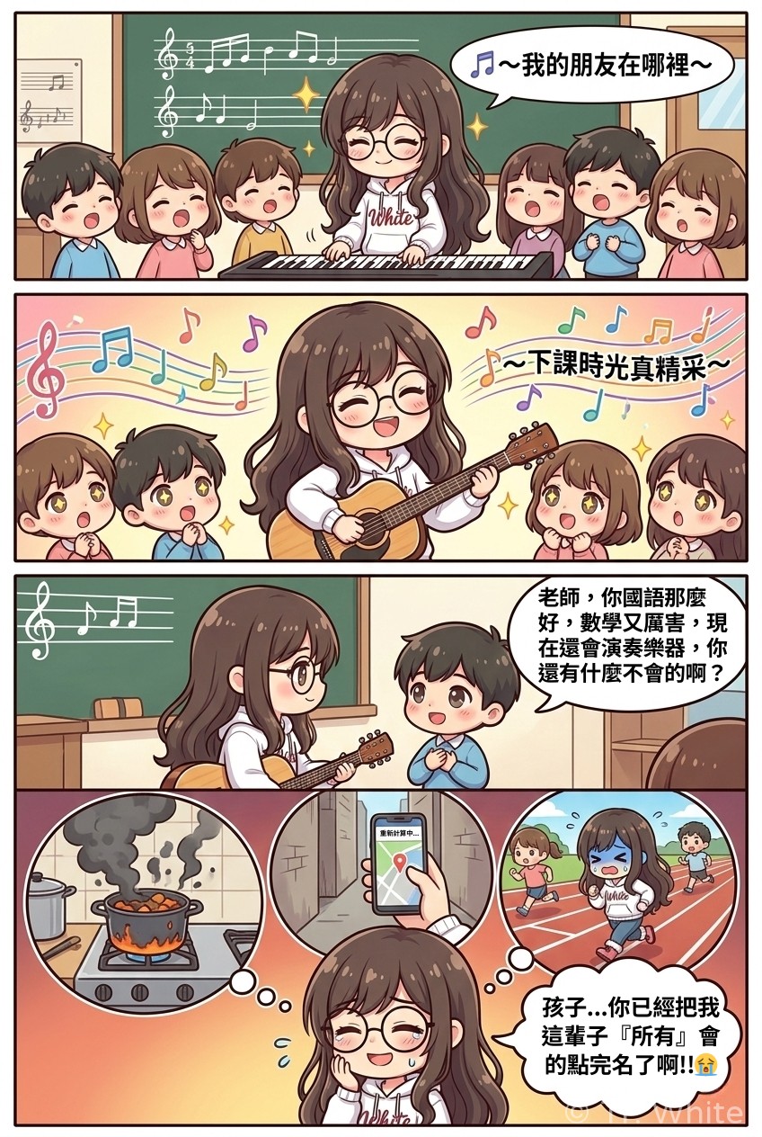 國小老師 Tr. White 的校園四格漫畫：關於大人偶像包袱的故事。第一格：老師帶著學生們開心彈琴唱歌。第二格：老師彈著吉他，孩子們覺得老師很厲害。第三格：學生誇獎老師國語數學音樂都很強，問老師有什麼不會。第四格：老師心裡流下冷汗，腦中跑出自己做菜燒焦、迷路看導航發呆、運動神經超差的畫面，覺得自己快被看穿了。