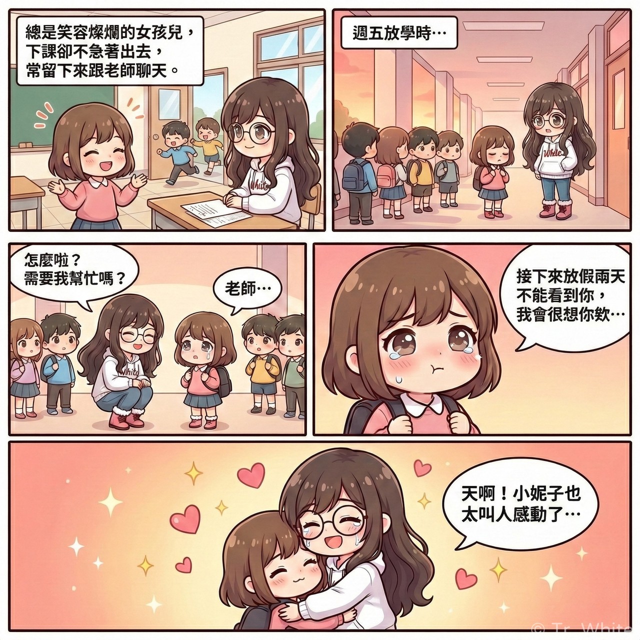 國小老師 Tr. White 的校園四格漫畫:關於學生週末放假捨不得老師的故事。第一格:女孩喜歡留在教室跟老師互動。第二格:週五放學女孩顯得落寞。第三格:老師主動關心孩子的情緒。第四格:女孩坦承是因為放假看不到老師而難過。第五格:老師感動地擁抱安慰孩子。