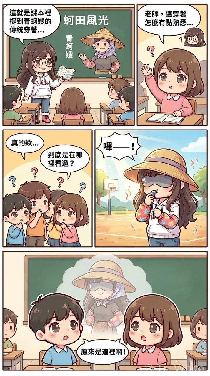 國小老師 Tr. White 的校園四格漫畫:關於老師防曬裝備像採蚵女的故事。第一格:老師在黑板前介紹青蚵嫂的傳統穿著。第二格:學生舉手表示這穿著很眼熟。第三格:學生思考在哪看過,畫面切換到老師在球場戴大草帽和墨鏡吹哨子。第四格:學生恍然大悟,原來老師平常就是這樣穿。