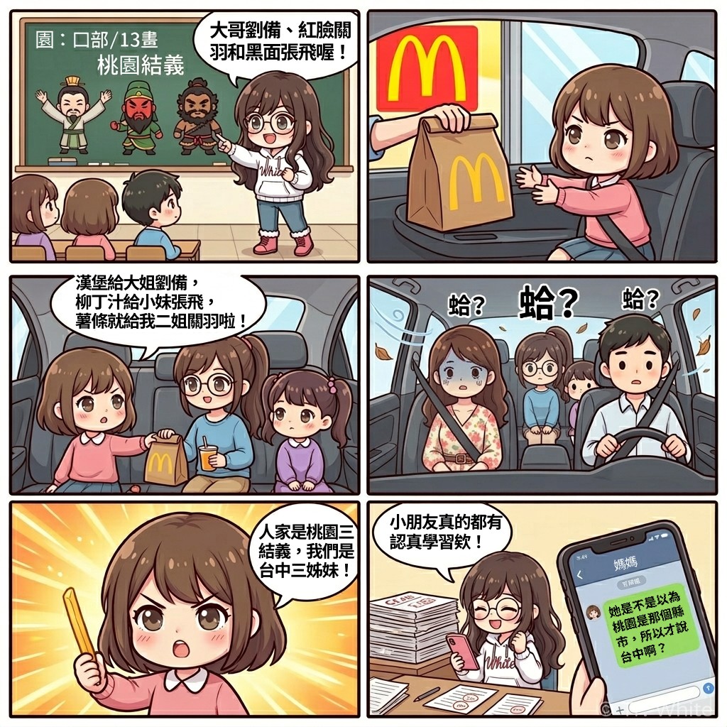 國小老師 Tr. White 的校園四格漫畫：關於學生誤解桃園結義的故事。第一格：老師在台上講三國的桃園結義。第二格：小女孩在得來速拿著速食店紙袋。第三格：小女孩把餐點分配給後座的姊妹並以劉關張互稱，前座爸媽滿頭問號。第四格：小女孩舉著薯條大喊我們是台中三姊妹，老師看著家長傳來的爆笑訊息。