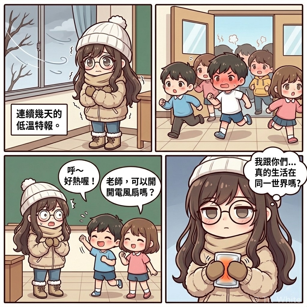 國小老師 Tr. White 關於冬天溫差的四格漫畫。第一格:老師穿著厚外套在窗邊發抖,外頭是低溫特報。第二格:一群小學生滿身大汗地跑進教室。第三格:學生跟包緊緊的老師喊熱,問能不能開電風扇。第四格:老師拿著暖暖包,眼神死地心想我們真的是同一個世界的人嗎。