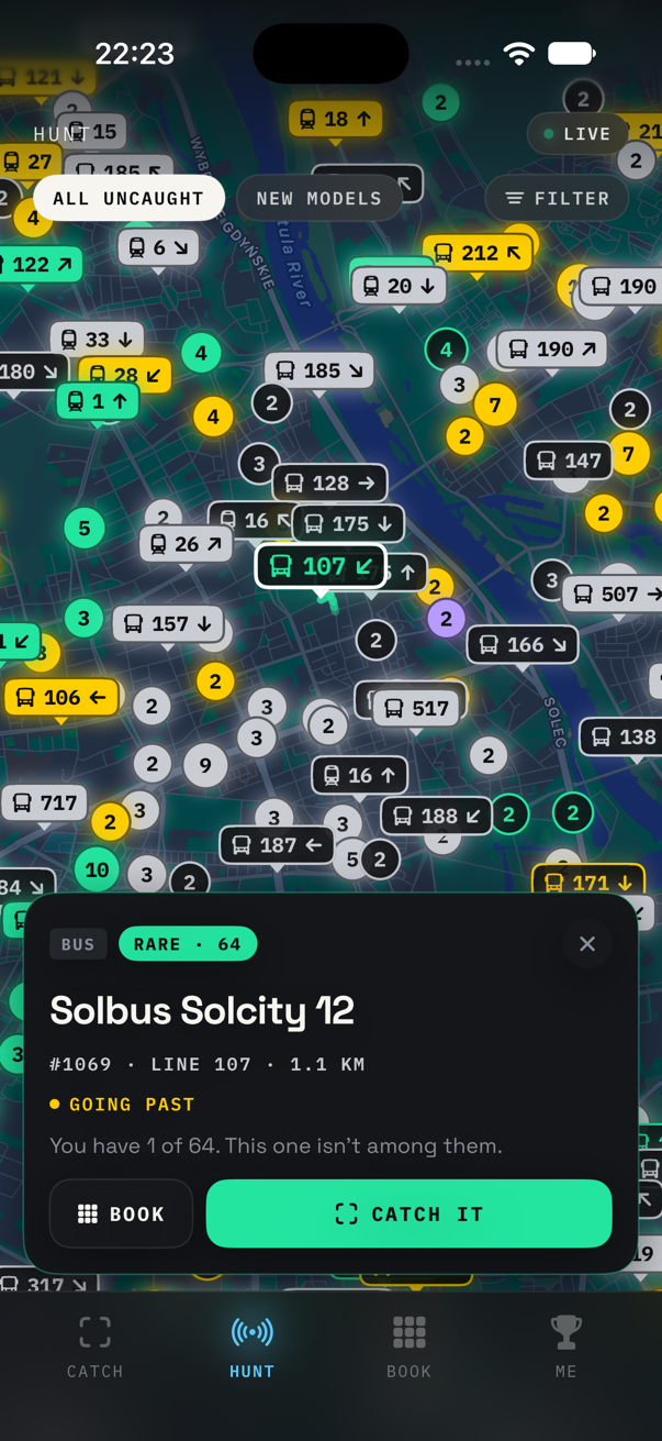 A Solbus Solcity 12 selected on the map, its tag outlined in white. The card below reads BUS, RARE · 64, #1069 · LINE 107 · 1.1 KM, GOING PAST, You have 1 of 64. This one isn't among them, with BOOK and CATCH IT buttons.