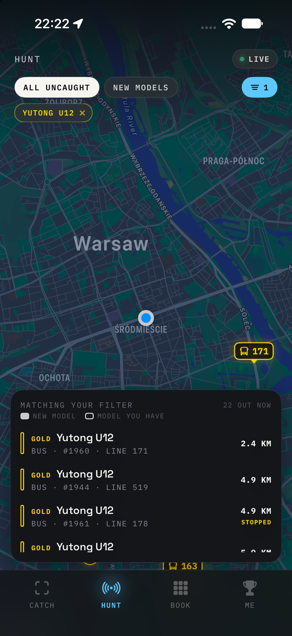 HUNT filtered to the Yutong U12: one GOLD tag on the map, and a list of four Yutongs out now with their numbers, lines and distances, one of them marked STOPPED.