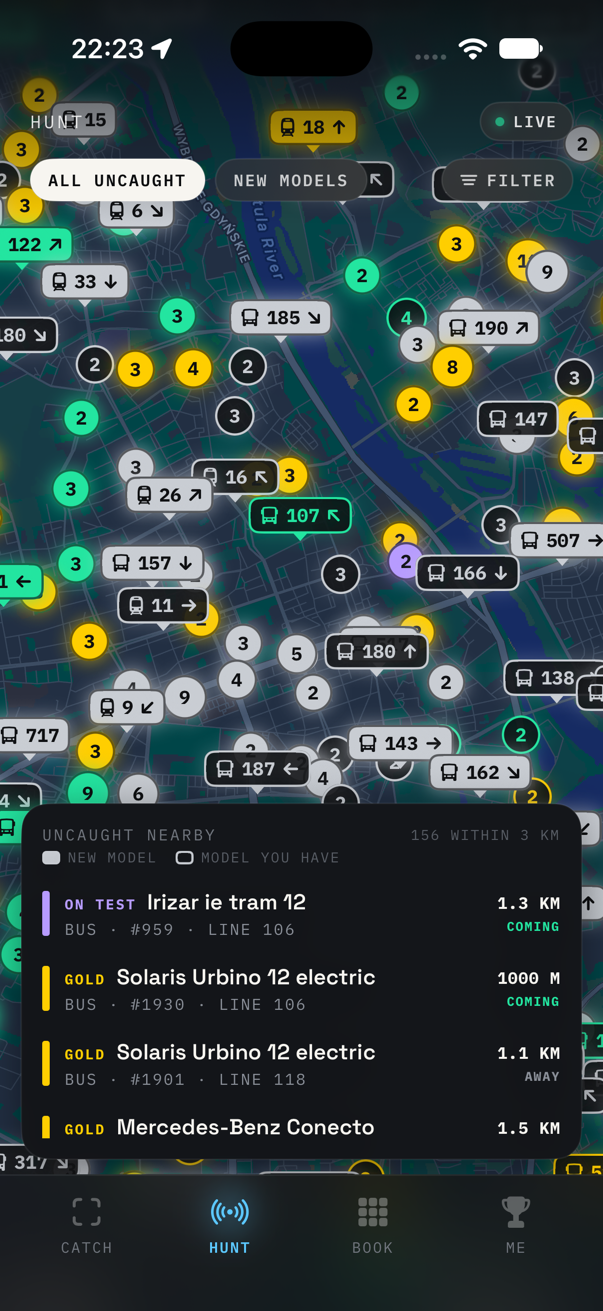 The HUNT tab over central Warsaw: the map crowded with tier-coloured tags showing line numbers and direction arrows, and bubbles counting vehicles too close to tell apart. Below, a list of uncaught vehicles nearby, led by the Irizar ie tram 12 #959 on test, on line 106, 1.3 km away and coming.