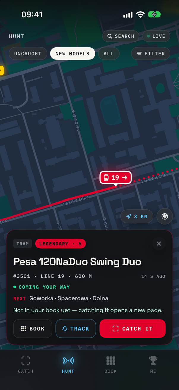 The Swing Duo #3501 selected: its trail solid behind it and its route ahead dotted. The card reads TRAM, LEGENDARY · 6, #3501 · LINE 19 · 600 M, COMING YOUR WAY, NEXT Goworka · Spacerowa · Dolna, with BOOK, TRACK and CATCH IT buttons.
