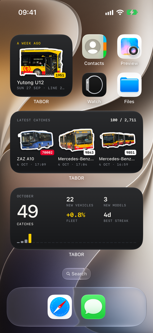 The Home Screen with three TABOR widgets: Memories (A WEEK AGO, Yutong U12 #1951), Latest catches (ZAZ A10 #70002, Mercedes-Benz Conecto G #9843 and #9851) and Stats (October: 49 catches, 22 new vehicles, 3 new models, +0.8% of the fleet).