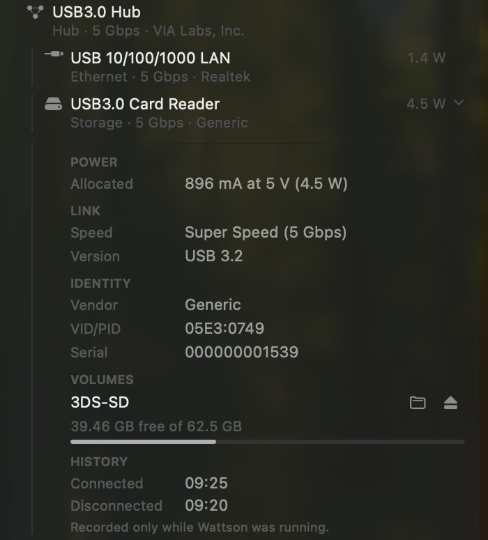 A card reader in the tree expanded in place into sections: Power showing 896 mA at 5 V, Link showing Super Speed at 5 Gbps, Identity showing vendor, VID/PID and serial number, Volumes showing the mounted SD card with its free space and buttons to reveal it in Finder or eject it, and History showing when it was last connected and disconnected.