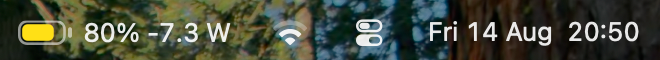 The same menu bar item with Low Power Mode on: the battery is filled yellow, reading 80% -7.3 W.