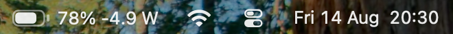 A menu bar showing one Wattson item — a battery drawn about three quarters full, then 78% -4.9 W — where the system's own battery item would otherwise sit.