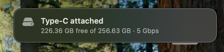 A notice reading Type-C attached, and beneath it 226.36 GB free of 256.63 GB at 5 Gbps.