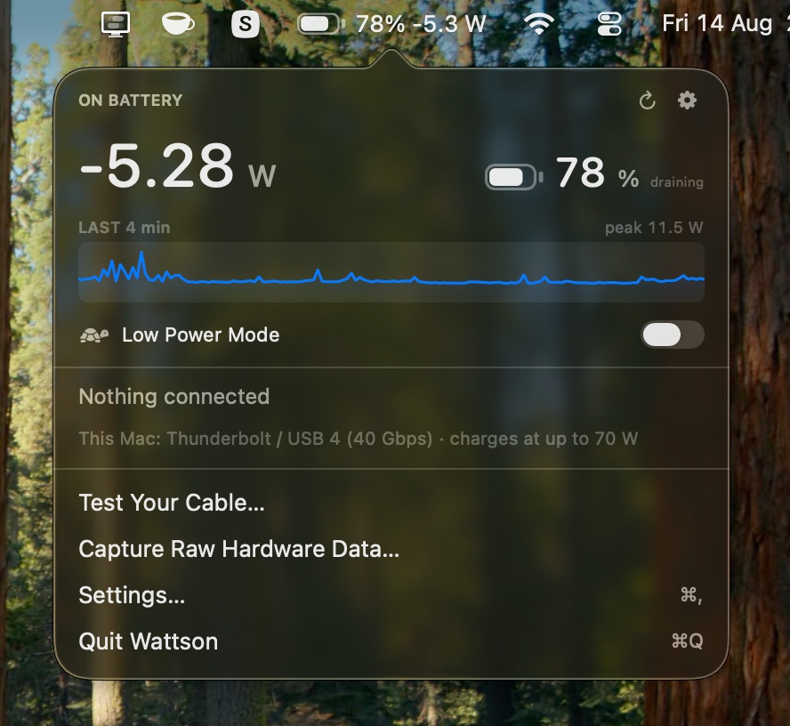The Wattson panel on battery: 5.28 W leaving the cell, a battery gauge at 78% marked draining, a four minute wattage graph peaking at 11.5 W, and a Low Power Mode switch.