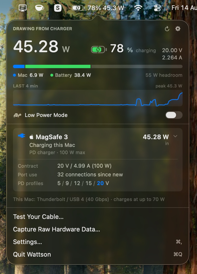 The Wattson panel while charging: 45.28 W arriving, a battery gauge showing 78% with a charging bolt cut through it, 20.00 V at 2.264 A, a stacked bar splitting 6.9 W to the Mac and 38.4 W into the battery with 55 W of headroom left, a wattage graph, a Low Power Mode switch, and the charger's card expanded onto its PD contract and voltage ladder.
