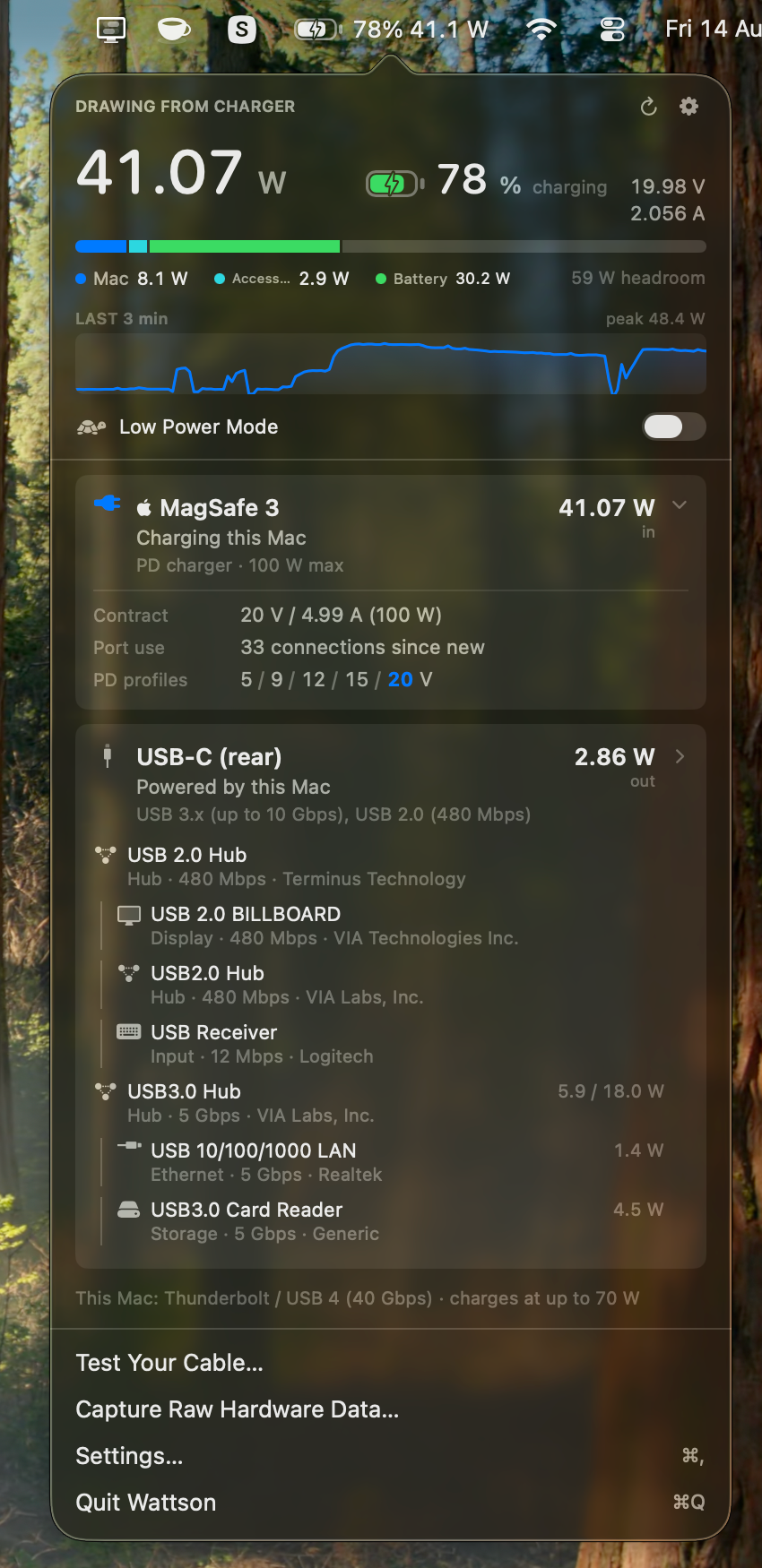 The panel with a dock attached: the charger's card above, then a USB-C port card carrying a tree of a USB 2.0 hub with a billboard device, a second hub and a wireless receiver, and a USB 3.0 hub with gigabit ethernet and a card reader, each with its link speed, vendor and measured draw.
