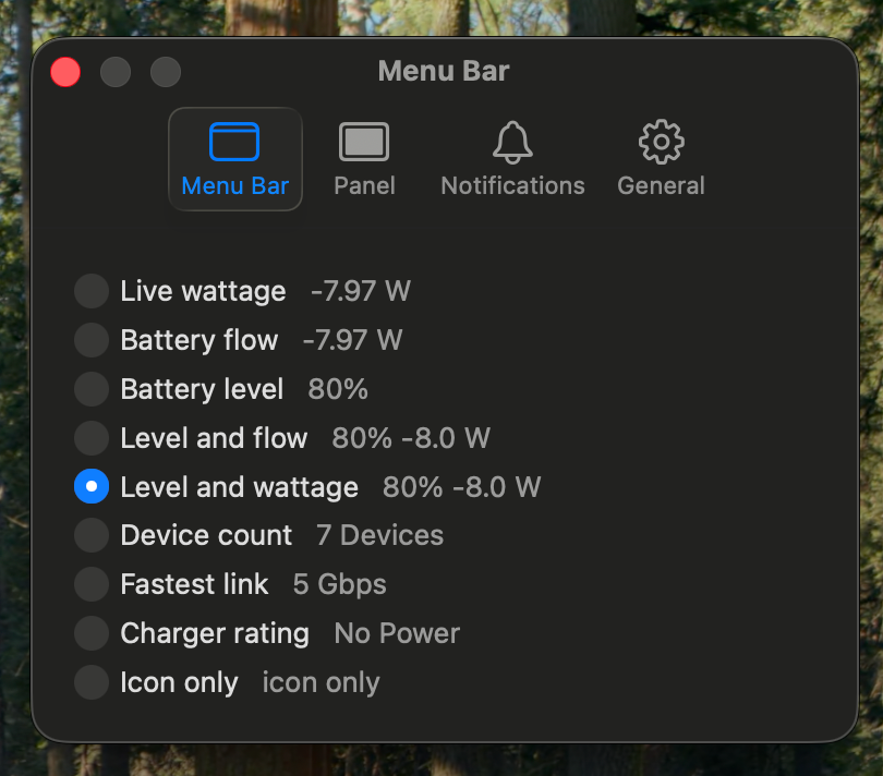 Wattson's Settings window on the Menu Bar pane: a radio list of Live wattage, Battery flow, Battery level, Level and flow, Level and wattage, Device count, Fastest link, Charger rating and Icon only, each showing live what it would put in the menu bar.