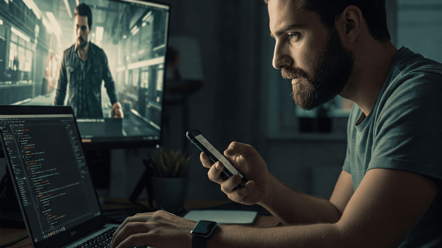A developer juggling between devices while coding and consuming media