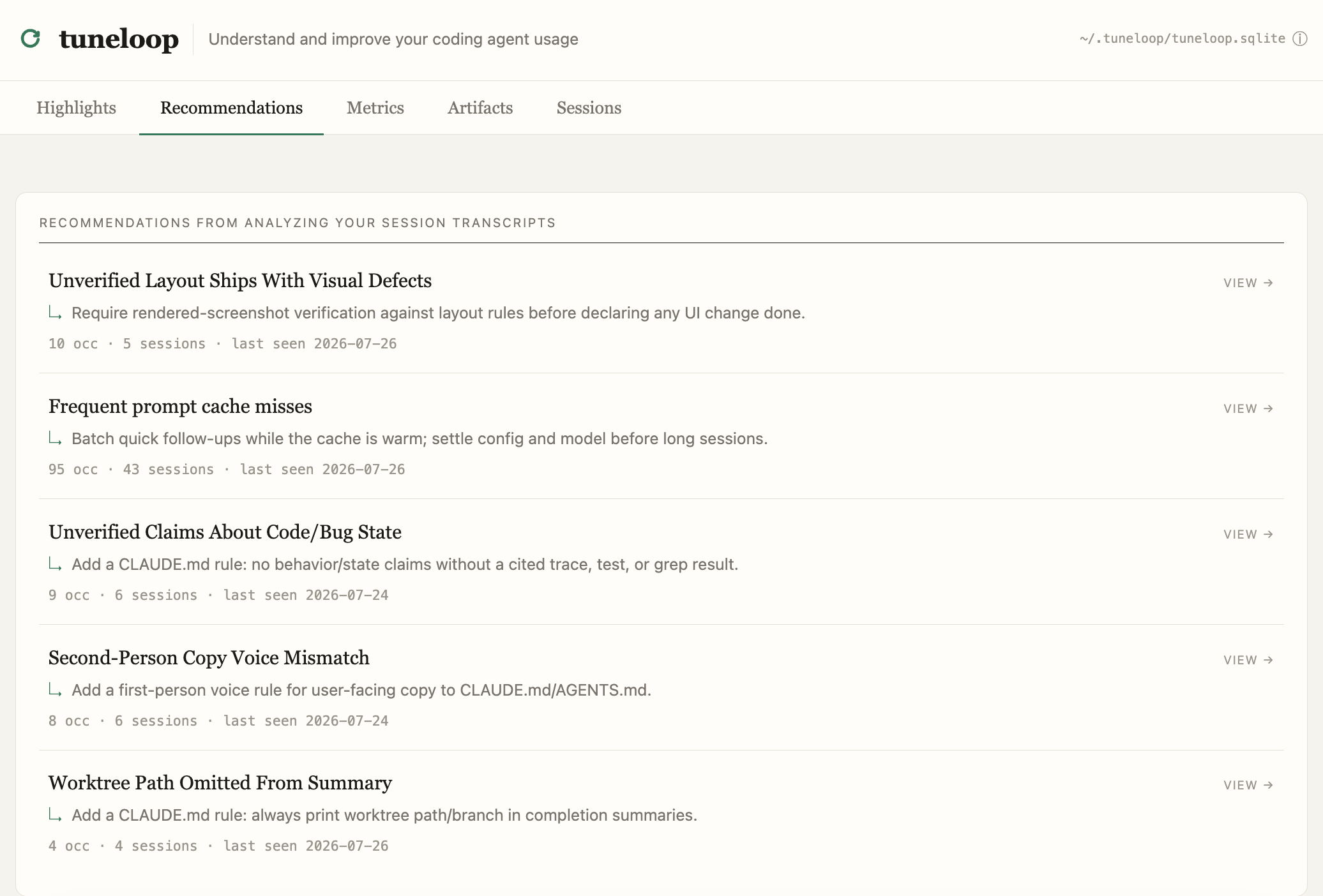 tuneloop recommendations — detects re-work themes and deviations from best practices and offers fix recommendations