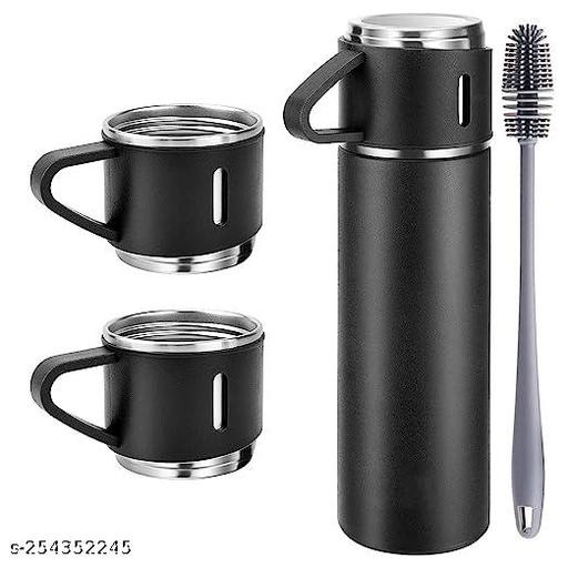 Stainless Steel Vacuum Flask Set with 3 Steel Cups Combo for Coffee Hot Drink and Cold Water Flask Ideal Gifting Travel Friendly Latest Flask Bottle. 500ml   with Free Silicone Bottle Brush
