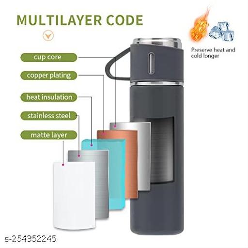 Stainless Steel Vacuum Flask Set with 3 Steel Cups Combo for Coffee Hot Drink and Cold Water Flask Ideal Gifting Travel Friendly Latest Flask Bottle. 500ml   with Free Silicone Bottle Brush - asshoppie
