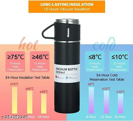 Stainless Steel Vacuum Flask Set with 3 Steel Cups Combo for Coffee Hot Drink and Cold Water Flask Ideal Gifting Travel Friendly Latest Flask Bottle. 500ml   with Free Silicone Bottle Brush - asshoppie